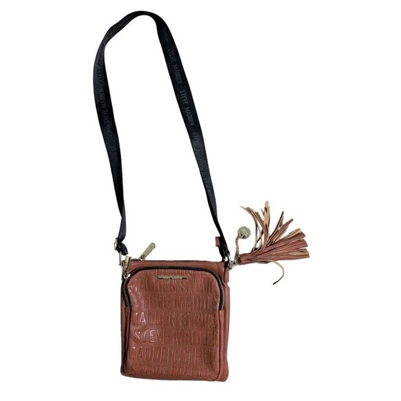 Steve Madden Cognac Crossbody Purse Monogram Brown Leather Tassle Bglamm - Picture 2 of 11